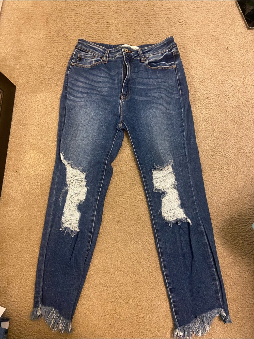 KanCan Dark Blue Distressed Boyfriend Jeans with Frayed Hem